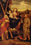 Scuola Ferrarese del XVI secolo, Madonna col bambino, S. Andrea e S. Francesco, olio su tavola.