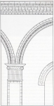 Particolari dell'ordine superiore con lesena, arcate e cornicioni.