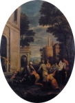Giuseppe Zola, Capriccio architettonico con il ritorno del figliol prodigo, tela ovale, cm 260x187, Quadreria della Cassa di Risparmio di Ferrara.