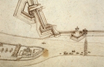 Mappa di Ferrara attribuita a Marcantonio Pasi, con il particolare dell'isola di Belvedere e del palazzo estense