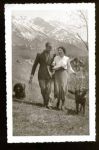 Roberto Zardini with Gabriella Carnevali in Cortina, in 1936, with Farfui and Lupo, Zardini’s dogs.