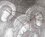The triangle developed linking the central points of the “Tre Marie” haloes, in the detail of the fresco coming from the destroyed church of Santa Caterina; below: the construction of the triangle.